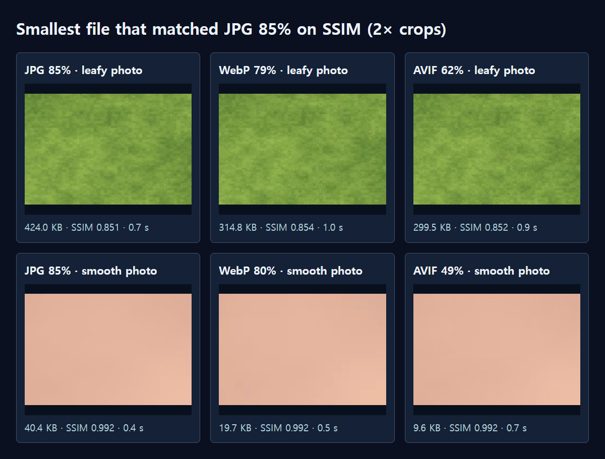 For each format, the smallest file that matched JPG 85% on SSIM, cropped at the same spot and enlarged 2×.