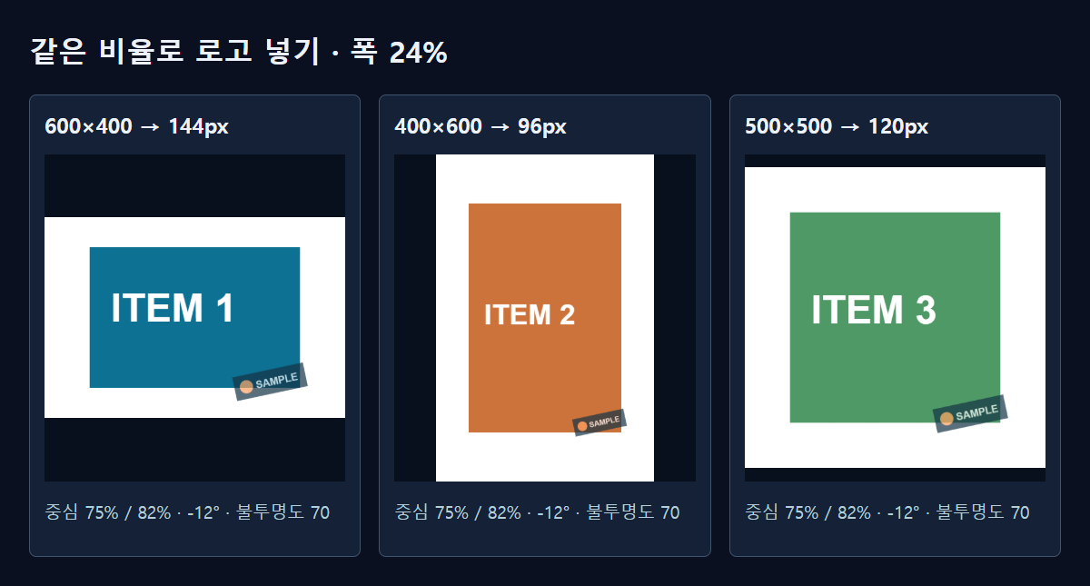 같은 비율의 로고가 적용된 가로·세로·정사각 예시입니다.
