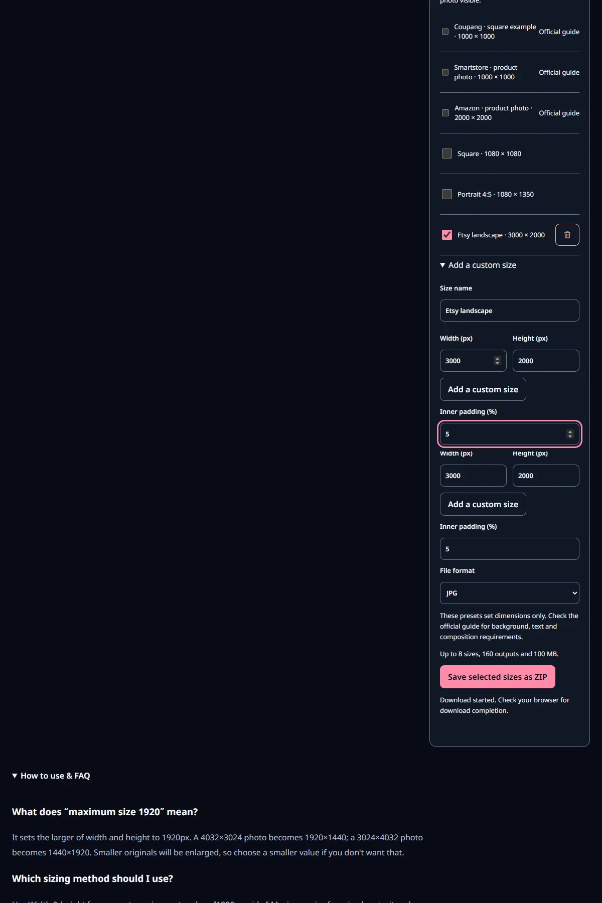 Actual input and controls in the current tool.