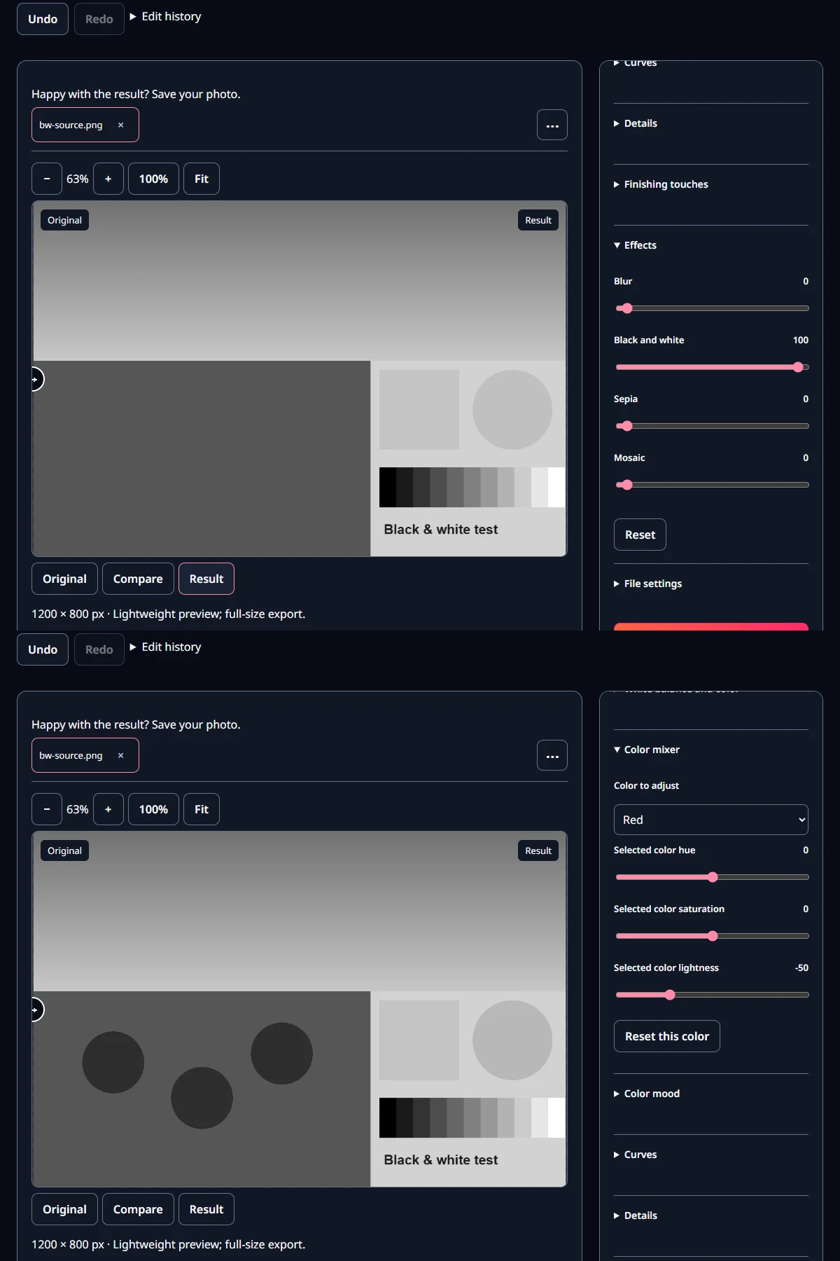 Photo adjustments and filters: Effects › Black and white at 100 (top), then Color mixer › Red, Selected color lightness −50 (bottom).