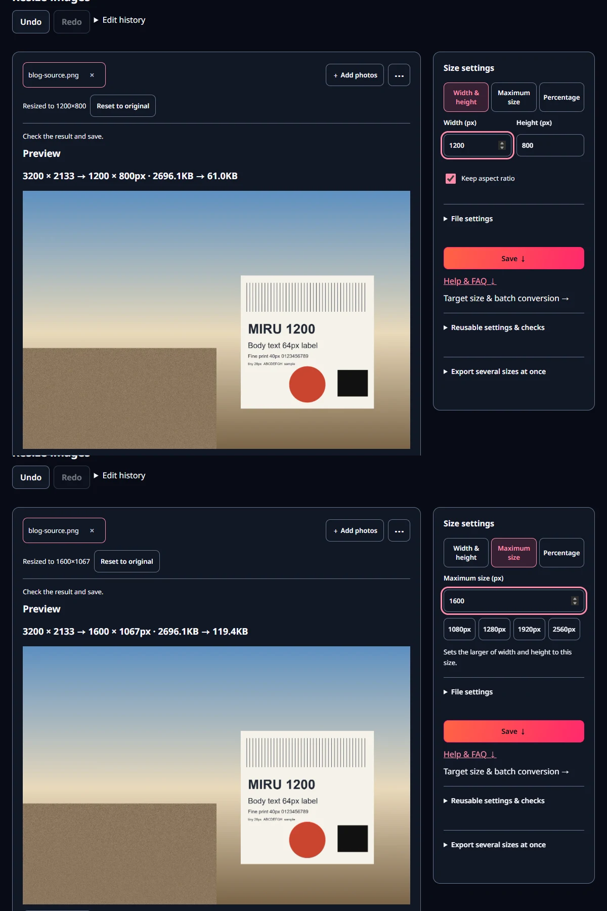 Resize images: width 1200 under Width & height (top), then Maximum size 1600px (bottom).