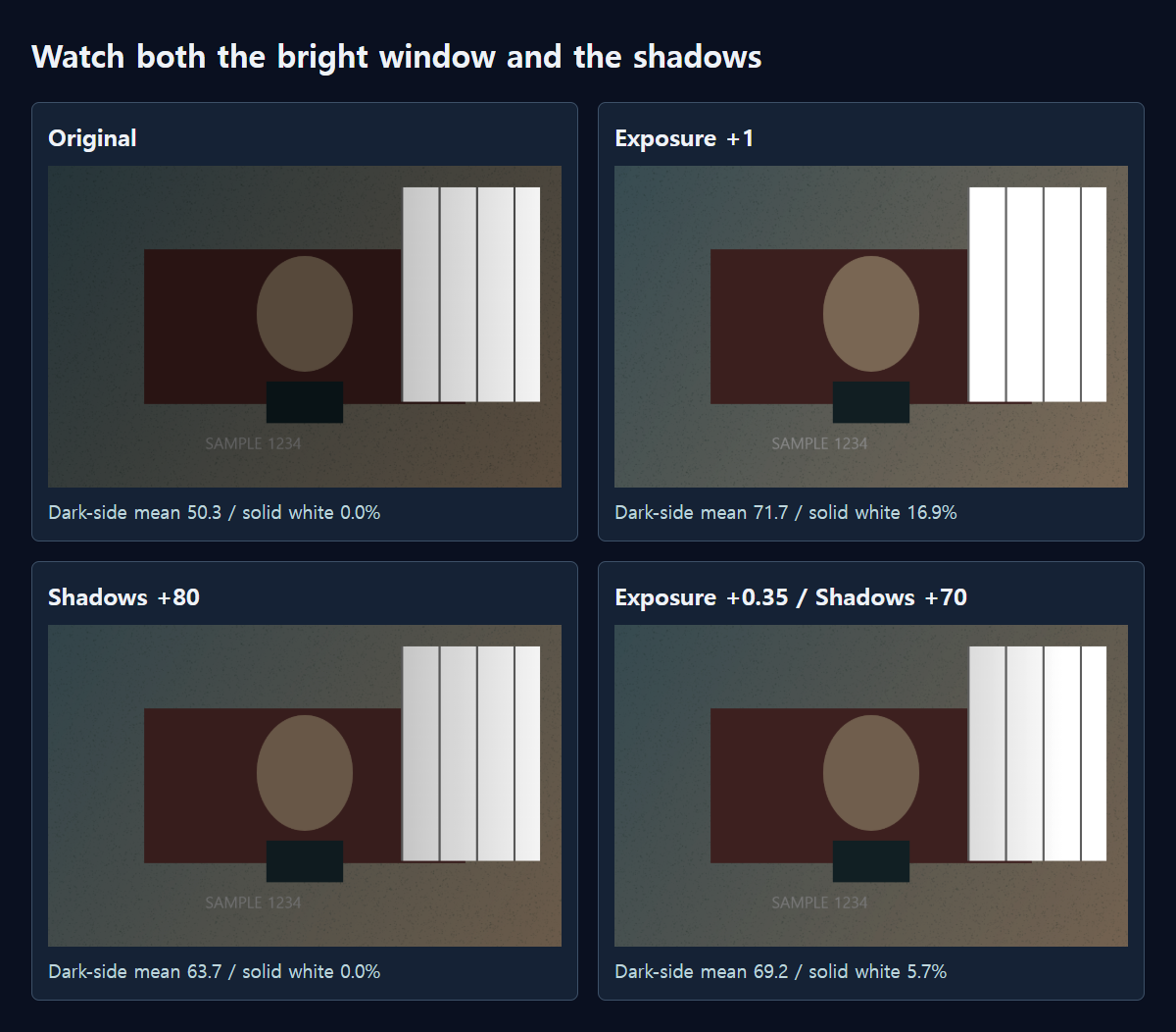 Four actual adjustment outputs from our synthetic scene.