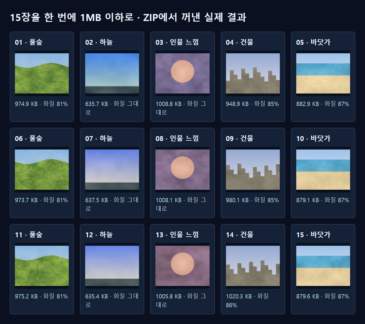 1MB 목표로 저장한 ZIP에서 꺼낸 15장입니다. 사진마다 고른 화질이 다릅니다.