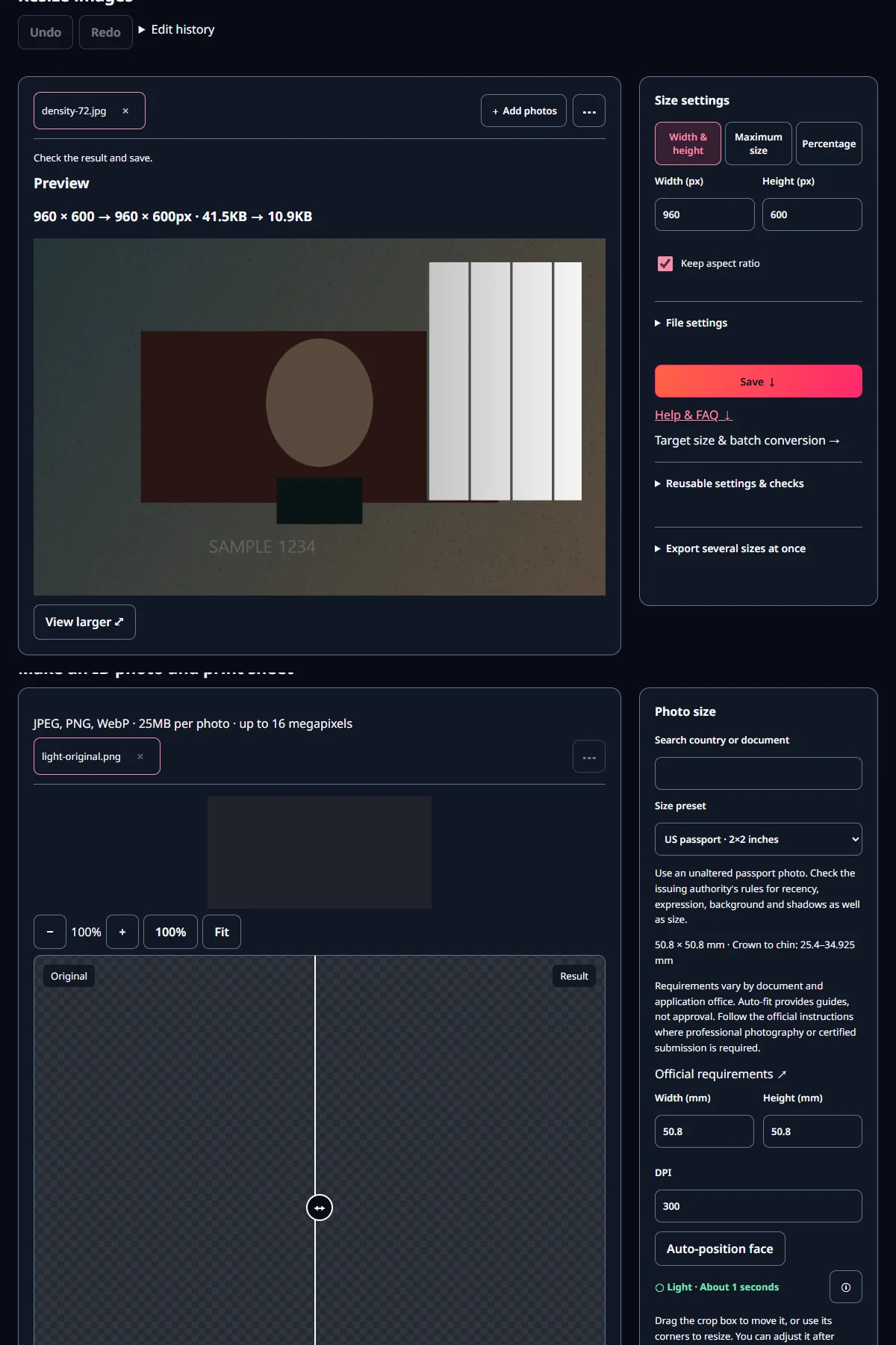 Actual tools: pixel dimensions / physical-size and DPI controls. The experiment above separately changes metadata only.