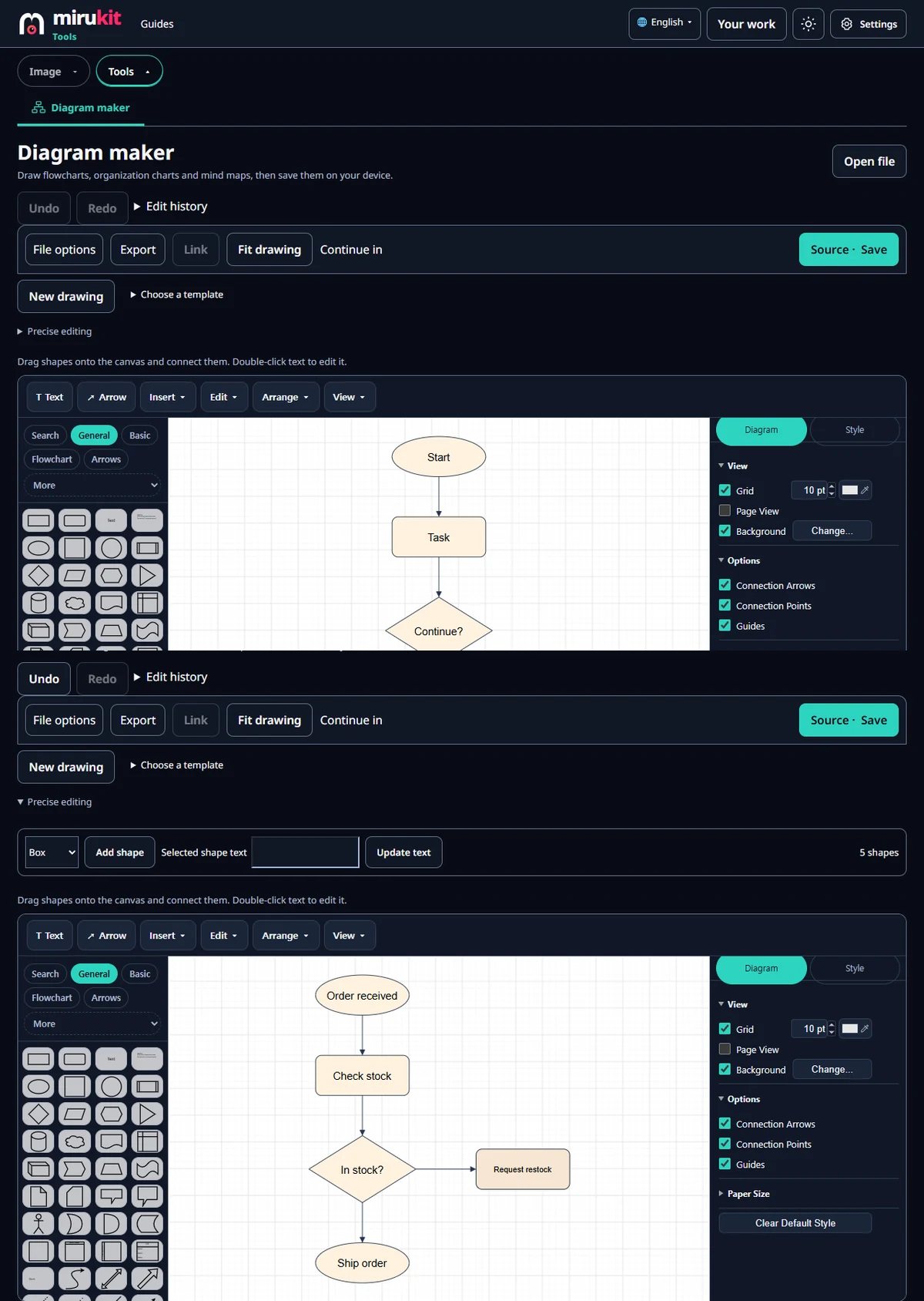Top: the Flowchart starter. Bottom: labels changed and one branch added.
