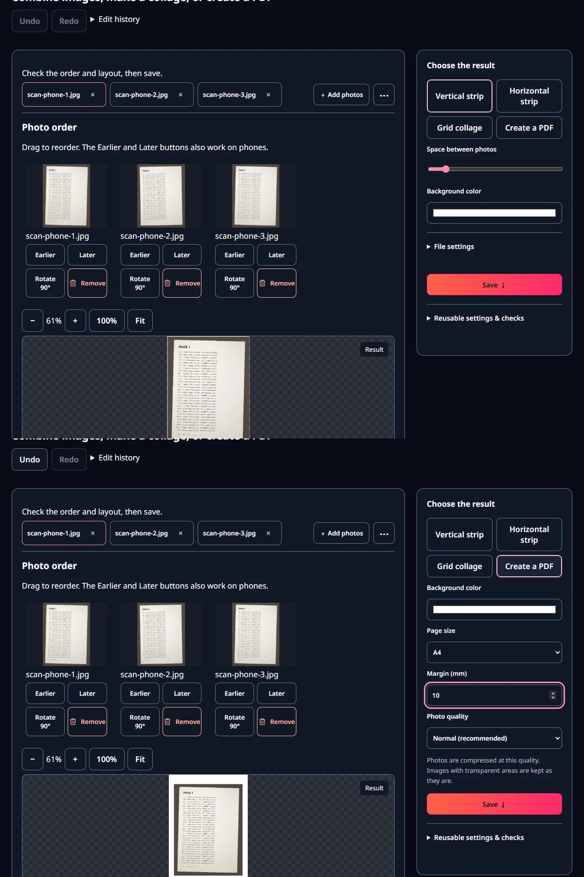 Top: three photos in the order list. Bottom: Create a PDF with A4 and a 10 mm margin.