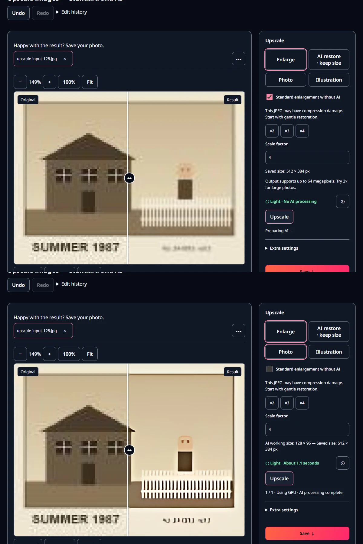 The 128×96 input enlarged ×4 with standard, then with AI Photo, in the actual tool.