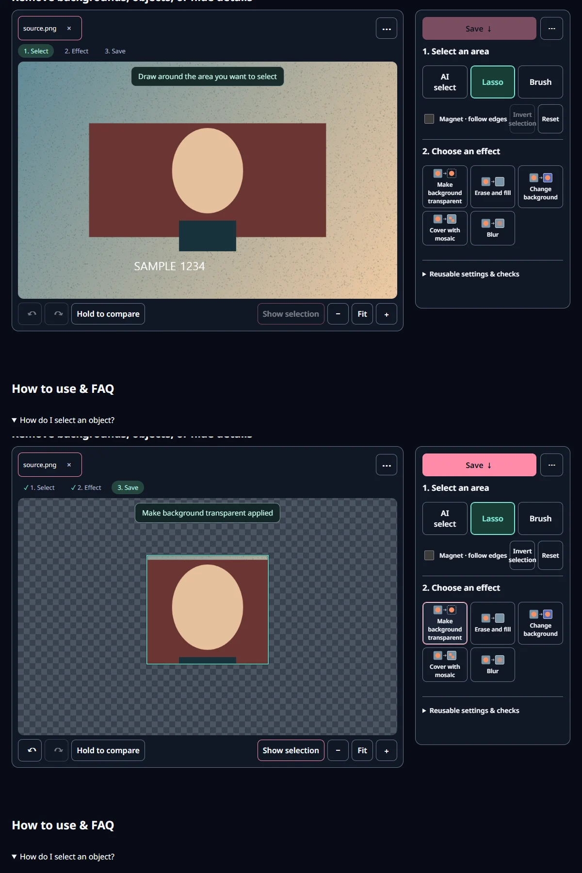Two actual tool screenshots showing the example input and result settings
