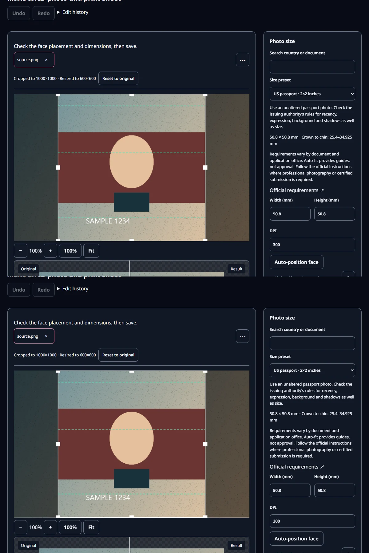 Two actual tool screenshots showing the example input and result settings