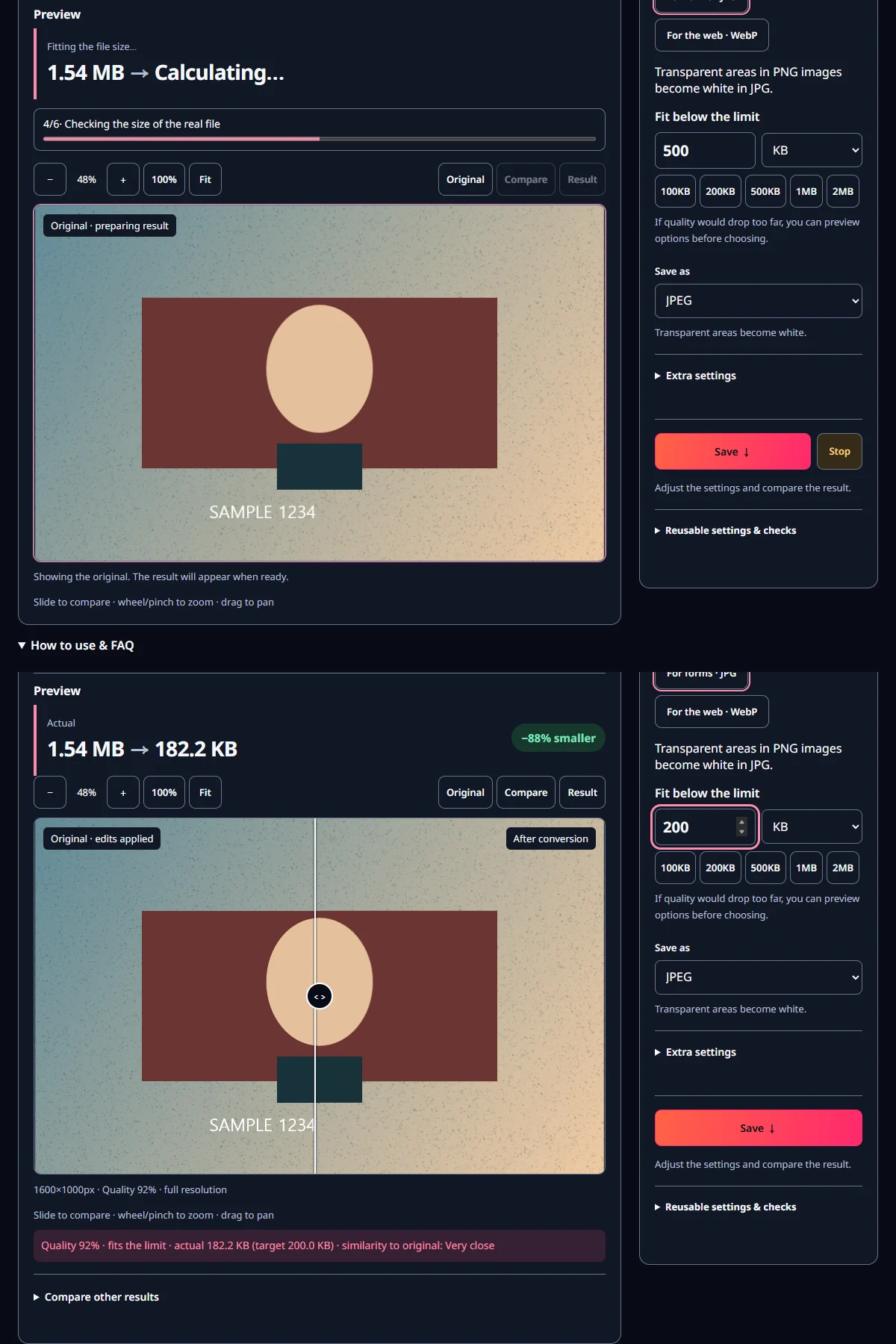 Two actual tool screenshots showing the example input and result settings