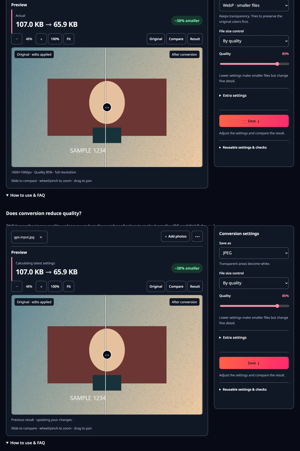 Two actual tool screenshots showing the example input and result settings