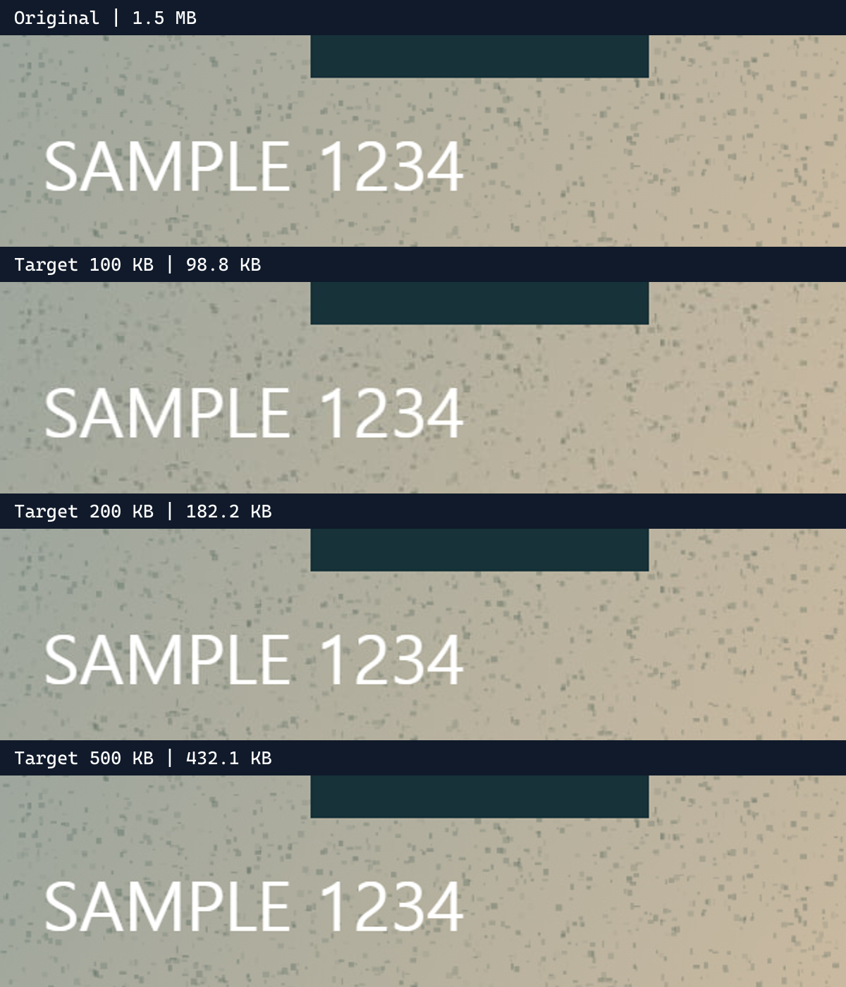 The same text crop enlarged from the original and each measured output